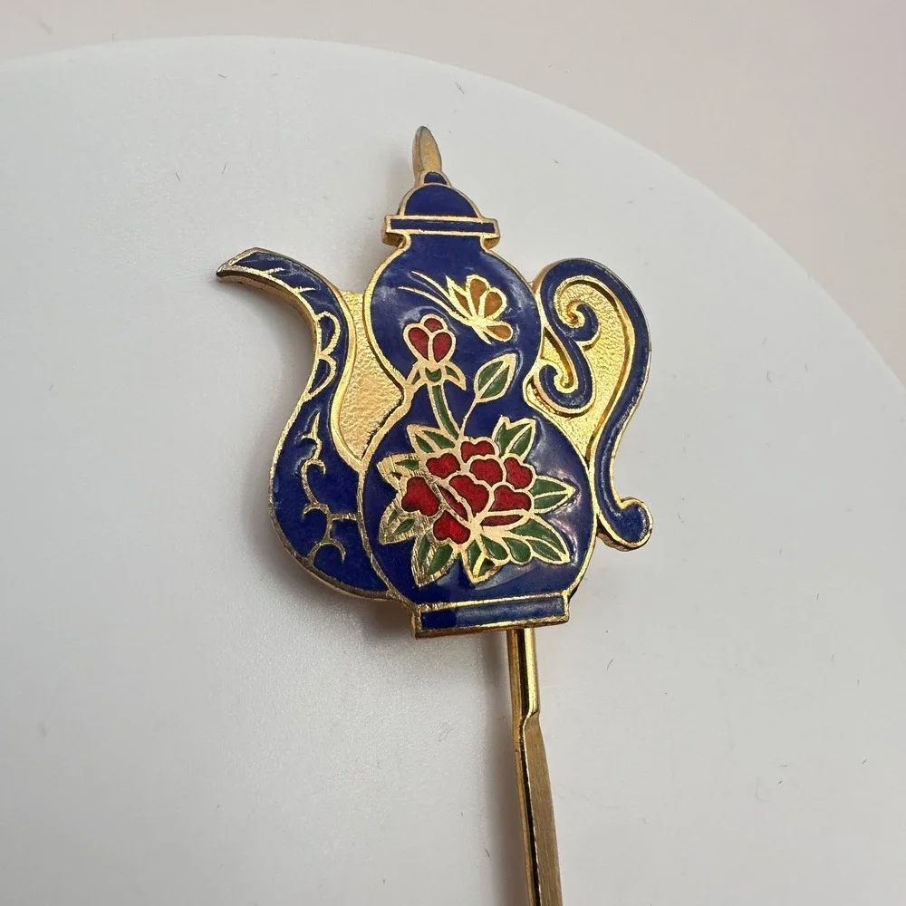 Vintage 90s Cloisonne Teapot‎ Hair Sticks Gold Tone Blue Enamel Women's Jewelry